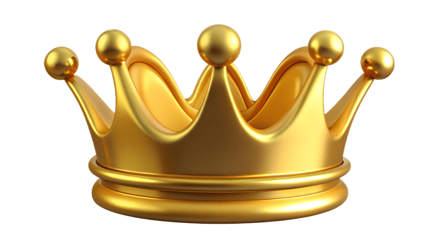 A shiny golden crown with intricate details, symbolizing royalty and prestige. Ideal for concepts of power, luxury, and nobility. png