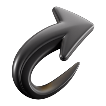 3D black curved arrow icon on a white background, representing direction, navigation, or returning. Perfect for web design and interfaces. png