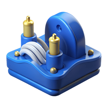 3D rendering of a blue industrial connector with cables and golden terminals on a white background. png