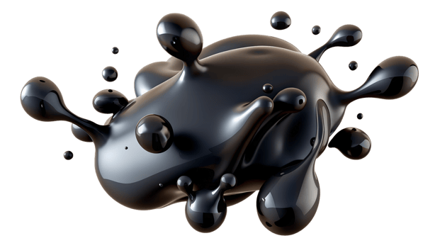 Abstract black liquid splash isolated on white background. 3D rendering, fluid art concept, dynamic motion illustration. png