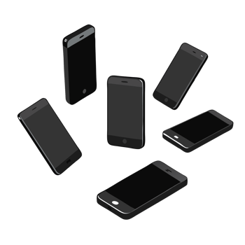 Collection of black smartphones arranged in a circle on a black background, illustrating modern mobile technology and communication. png