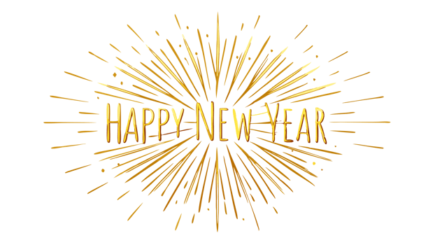 Golden Happy New Year text with radiant burst design, perfect for celebratory cards, invitations, and festive decorations. png