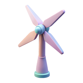 Colorful 3D illustration of a pastel-shaded wind turbine symbolizing renewable energy and sustainability with a minimalist aesthetic. png