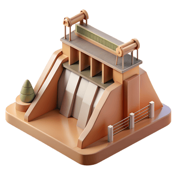 Isometric illustration of a hydroelectric dam with architectural details and surrounding elements in a 3D design style. png