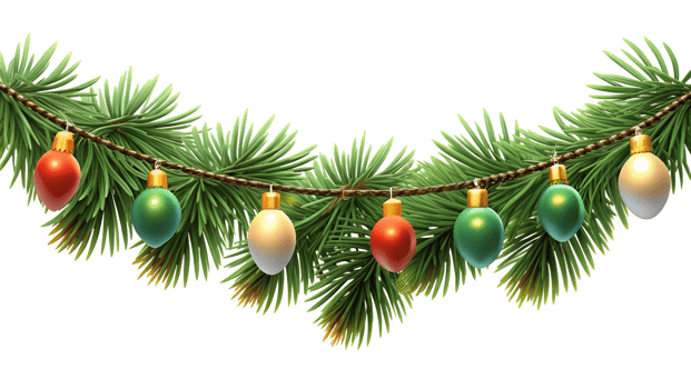 Festive Christmas garland with colorful ornaments on pine branches. Ideal decoration for holiday themes, celebrations, and winter season. png