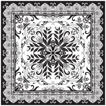 vintage scarf Black mandala surrounded by abstract frame black prayer mat pattern on white background vector