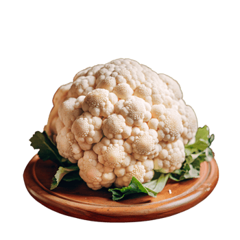Close-up of a fresh cauliflower head placed on a wooden platter with green leaves surrounding it, isolated on a white background. png