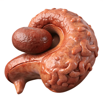 3D medical illustration of the pancreas gland with detailed textures, showcasing anatomy for healthcare and educational purposes. png