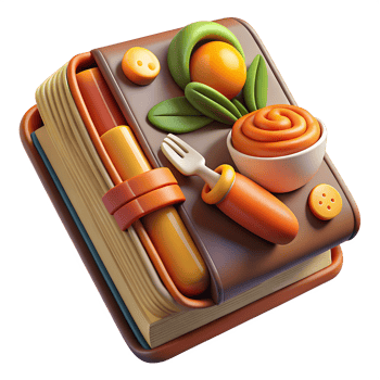 3D-rendered cookbook with vibrant food and utensils, perfect for culinary arts, recipes, and kitchen themes. png