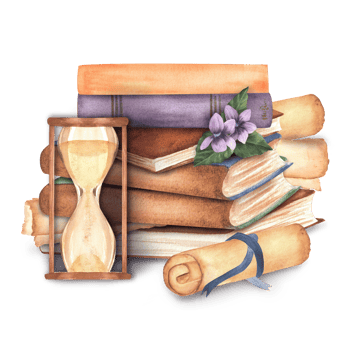 Books with paper scroll, hourglass and violet flowers. Clipart elements on the topic of reading. Library, bookstore, bookshop, university, Hand-drawn watercolor illustrations. png