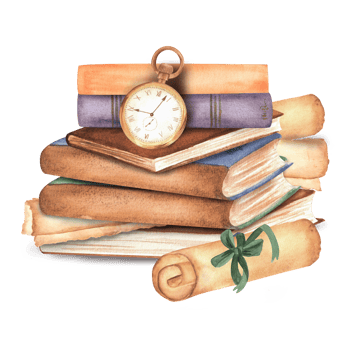 A pile of books, paper scrolls, pocket watch. Clipart elements on the topic of reading. Library, bookstore, bookshop, university, Hand-drawn watercolor illustrations. png