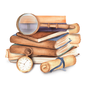 A pile of books with scroll, magnifying glass on top and pocket watch. Clipart elements on the topic of reading. Library, bookstore, bookshop, university, Hand-drawn watercolor illustrations. png