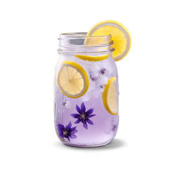 Lavender lemonade with floating flowers ice cubes and sugar rim pale purple liquid served in png