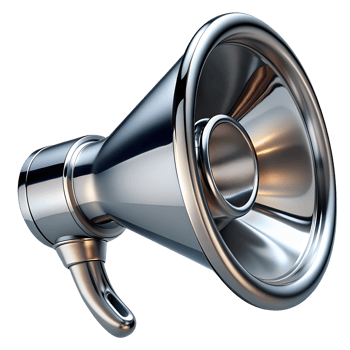 Shiny metal loudspeaker icon in high resolution, representing communication, announcement, and audio technology in a sleek, modern design. png