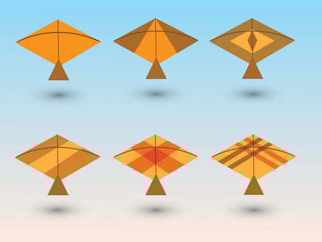 A set of golden and yellow kites for children play with different designs illustration vector