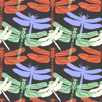 Multi-colored dragonflies on a gray background seamless pattern.Endless ornament. vector