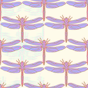 Seamless pattern with purple-orange dragonfly on a beige background. Endless background. vector