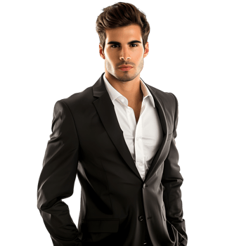 Portrait of handsome young man in black suit isolated on transparent background png
