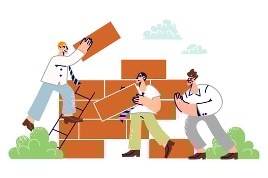Building business strategy by company employees performing teamwork, building wall of bricks vector