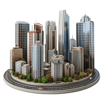 3d model of a modern city, Buildings Isolated on transparent background png