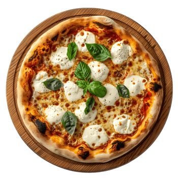 Top view of pizza with mozzarella cheese and basil leaves on a wooden board Isolated on transparent background png