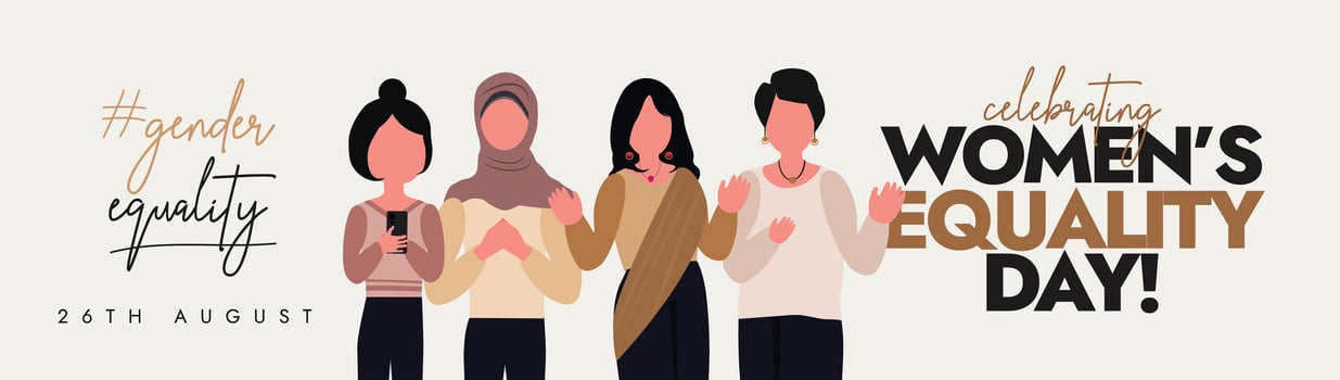 International Women's Equality day celebration banner, background template design. 26th August Women's equality day cover banner with minimal colour theme, women of different culture, religions. vector