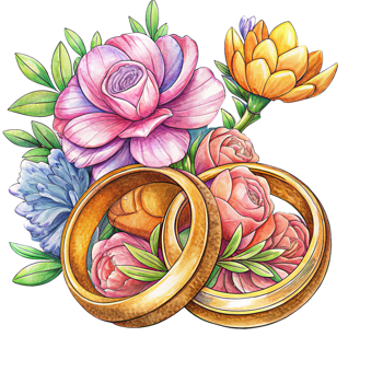Wedding Rings and Flowers Hand Drawn Art png