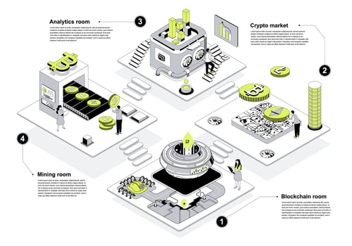 Cryptocurrency market 3d isometric concept in outline design for web. People working in isometry rooms in abstract crypto farms with blockchain technology at bitcoin platform. illustration. vector