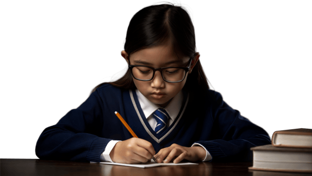 Young Girl in School Uniform Writing at Desk png