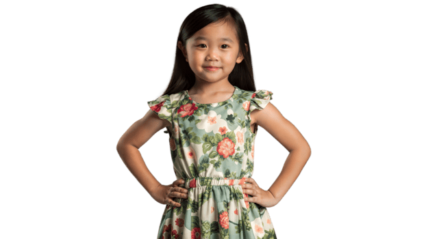 Young Girl in Floral Dress Posing With Hands on Hips Against Transparent Background png