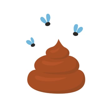 Fly around the brown stinky poop. Dog excrement. Insect flying at the turd. vector