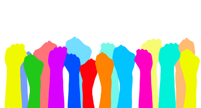 Colorful handheld raised hands group art therapy illustration. Hands in paint of rainbow colors raised up art, party, joy and fun, friendship or diversity symbols. png