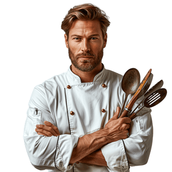 Skilled Chef in Uniform with Kitchen Utensils png