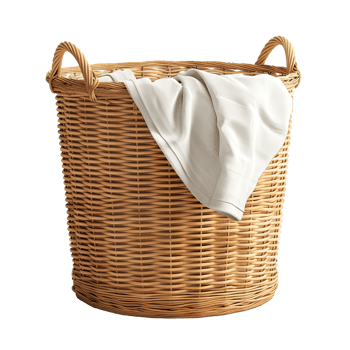 Wicker Laundry Basket with White Fabric png