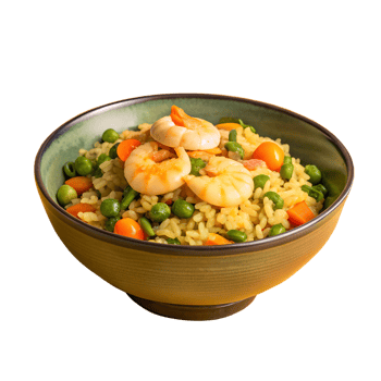 A delicious bowl of shrimp fried rice with peas and carrots, capturing the vibrant colors and textures of this classic dish. png