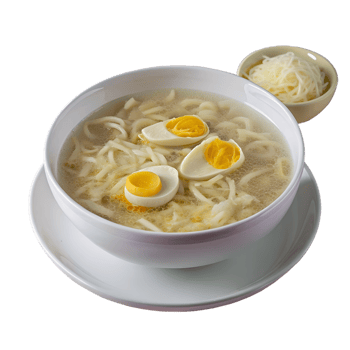 A bowl of noodle soup with boiled eggs, garnished with shredded cheese, served with a side bowl of additional cheese. png