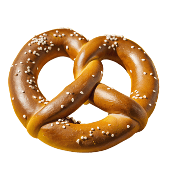 Close-up of a fresh, golden-brown pretzel with coarse salt sprinkled on top, isolated against a clean white background. png