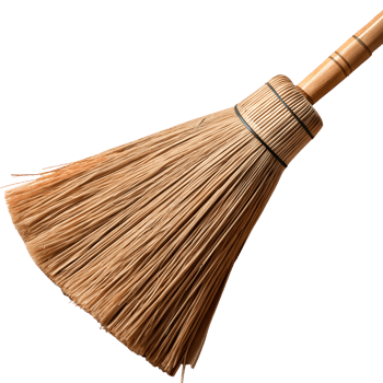 Close-up of a traditional straw broom with wooden handle, isolated on white background. Perfect for cleaning and household-related content. png