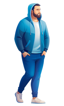 Man in blue hoodie and jeans standing with hands in pockets. Digital illustration isolated on transparent background. Urban fashion and casual style concept for design and print png