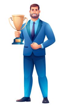 Smiling man in blue suit holding a trophy. Illustration with transparent background. Business achievement and success concept for design and print png