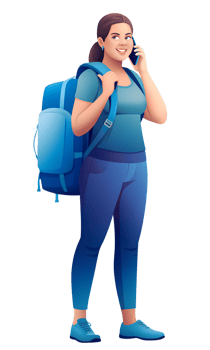 Smiling woman with backpack talking on phone, dressed in casual travel attire png