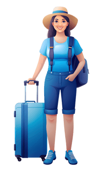 Full height image of a young woman tourist wearing casual clothes and a hat, standing with a suitcase She is smiling and looking confident, ready for travel The background is transparent png