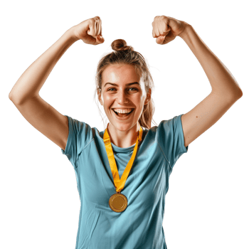 Happy athlete woman isolated on a transparent background, holding a gold medal, celebrating victory with joy png