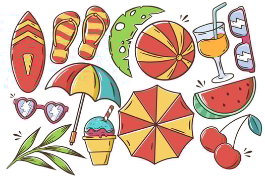 Summer icon set. Beach vacation design elements. Summertime illustration with surfboard, watermelon, glasses, umbrella, palm leaves vector