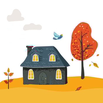 Cartoon evening Village House with a tiled roof. Folk red leaves on a tree. vector