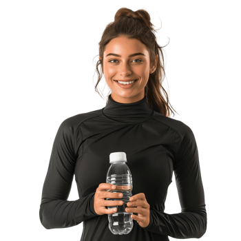 Smiling female athlete holding a water bottle, isolated on a transparent background png