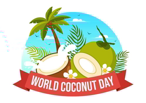 World Coconut Day Vector Illustration on September 2nd featuring Flowers, Tropical Leaves, and a Beach Background in Flat Style Cartoon Design