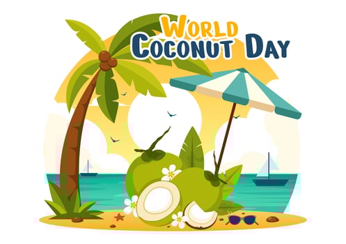 World Coconut Day Vector Illustration on September 2nd featuring Flowers, Tropical Leaves, and a Beach Background in Flat Style Cartoon Design