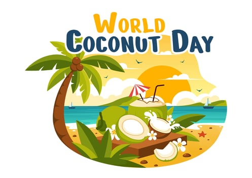 World Coconut Day Vector Illustration on September 2nd featuring Flowers, Tropical Leaves, and a Beach Background in Flat Style Cartoon Design