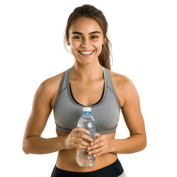 Smiling female athlete holding a water bottle, isolated on a transparent background png